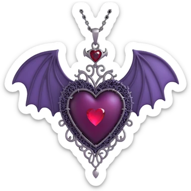3D emoji gothic heart, deep purple satin texture, ornate silver filigree, black lace trim, faint purple glow, silver chain wrap, spiderweb overlay, bat wing accent, blood red teardrop gem sticker