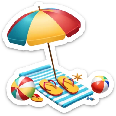 Icon for Beach Tourism: a sandy beach with a beach umbrella, with the ocean landscape in the background, flip-flops, a towel and a beach ball. The icon should capture the relaxation and fun of beach vacations. Transparent background. sticker