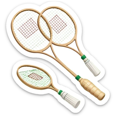 Two crossed badminton rackets with a shuttlecock resting in between, set against the faint outline of a badminton court. The image highlights the tools of the sport, with a subtle emphasis on the court's net and boundaries, symbolizing competition and skill. sticker