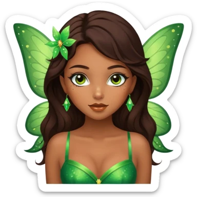 Pretty girl with caramel skin. Dark brown hair and brown eyes. She has freckles. Wearing sexy makeup. Wearing a green fairy costume and heels sticker
