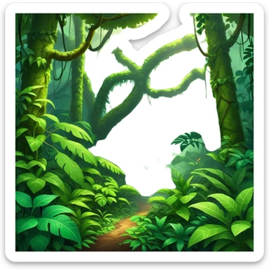 Cinematic Realistic Rainforest Emoji, Lush and vibrant, filled with towering trees, thick vines, and dense green foliage, sunlight filtering through the canopy above, creating dappled patches of light on the rich, diverse undergrowth. The air is heavy with moisture, with mist rising from the forest floor and distant calls of exotic birds and animals echoing through the trees. Soft glowing outline, capturing the essence of a thriving, untamed tropical paradise filled with life! sticker