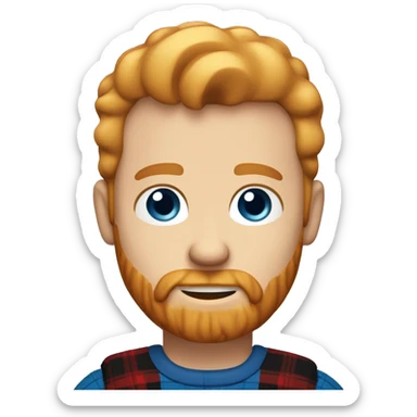 Blond ginger well groomed bearded caucasian man, short hairs, large forehead, blue eyes, red cheeks, black and red lumberjack shirt sticker