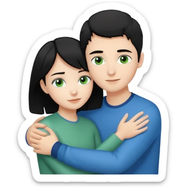Make a couple hugging the girl is white with black hair with blue eyes hugging a boy with lightbrwn short hair with green eyes  sticker