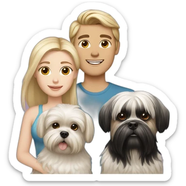 a blond white girl with a white black haired boy and a shih tzu dog sticker