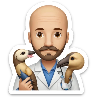 A bald veterinarian with a beard and mustache holding an anteater sticker