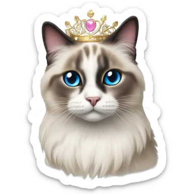 Realistic ragdoll cat with blue eyes and Dark markings wearing pink and gold tiara sticker