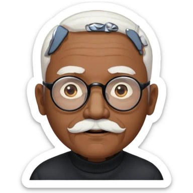 an elderly man with medium-dark skin tone, bald on top with short white hair at the sides, thick white eyebrows, large brown eyes, and wears black-framed glasses.
A small white beard sits above his mouth sticker