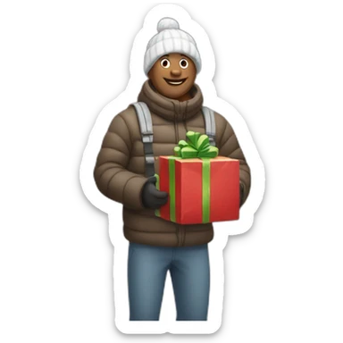 A snow-covered man with bags of presents  sticker