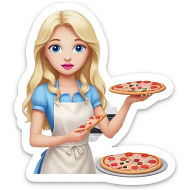 Cinematic realistic beautiful blonde with long hair, blue eyes and pink lips in a white dress cooks pizza sticker