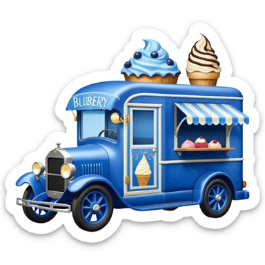 shiny-dark-blue crystal-bodied frozen blueberry muffin, pie, and ice cream, 1912 antique long-wheelbase cab over durable-looking low rider moving truck food truck  sticker