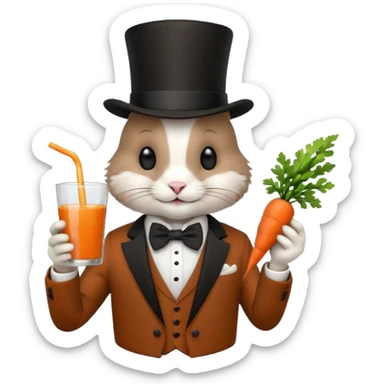 rabbit wearing suit, bowtie and top hat, holding glass of carrot juice sticker