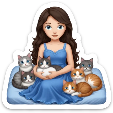 detailed realistic looking a dark grey and white cat regally laying with six other cats, cuddling with their owner in bed who is a pretty bratz lightly tanned white girl with long dark brown hair, blue eyes and gorgeous long wavy hair wearing a pretty detailed dress sticker