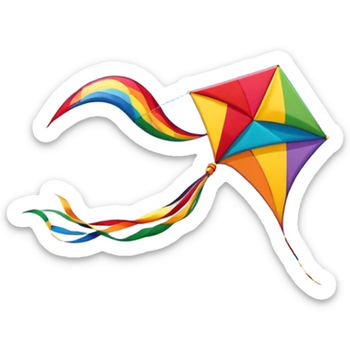A colorful kite soaring high in the sky on a sunny day, with a long, flowing tail trailing behind. The background features an open field or beach, capturing the joy and freedom of flying kites, with gentle winds and a peaceful atmosphere. sticker