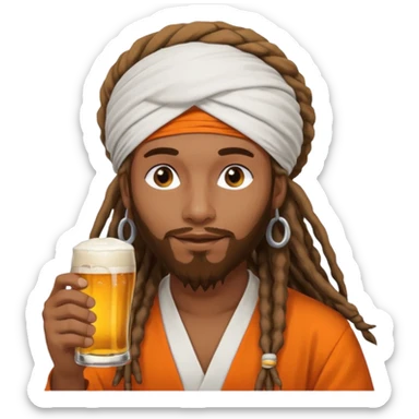Brownskin man with long dreadlocks add a white turban on his head orange shirt drinking bear sticker