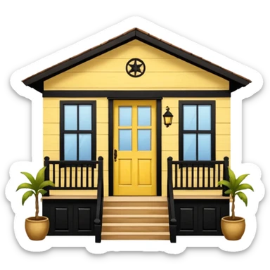 Puerto Rican wooden house facade, central door, two windows, front balcony with rocking chair, scenic frame, humble but well-maintained, warm and authentic, yellow color sticker