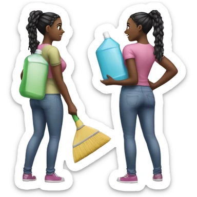 two black girls with braids in a ponytail standing showing entire body, standing back to back holding cleaning supplies  sticker