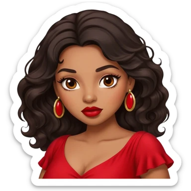 light brown skin tone, very beautiful woman, with big plump lips, long long lashes, black long wavy hair, brown eyes, red dress sticker