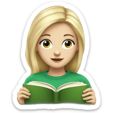 Pretty blue eyed white girl with blonde hair and a green sweater reading a book sticker