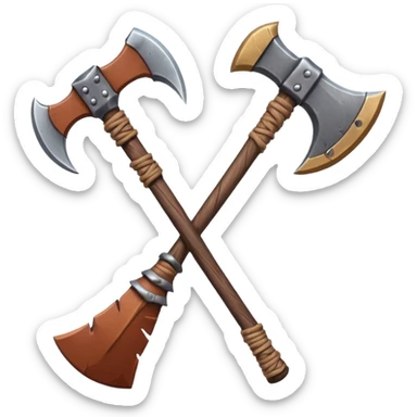 barbarian axe object icon, huge double-bladed axe, rough metal, wooden handle, leather wraps, fantasy style, 3D cartoon, mobile game icon style, centered, clean background, soft shadow, no text, no watermark
 sticker