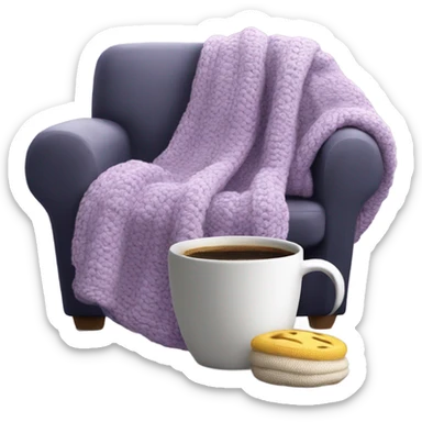 Design an inviting emoji of a chunky knit blanket folded on a comfy chair, with a cup of coffee nearby, evoking a cozy home setting.light purple sticker