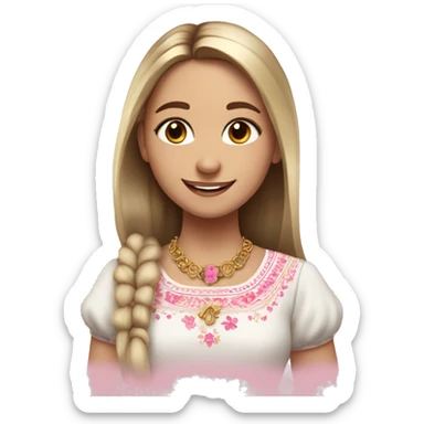 Slavic girl, white skin, brown eyes, black-to-blonde ombre straight tail, smiling with teeth, wearing beautiful blouse with a folk pattern of small pink flowers, a gold necklace. sticker