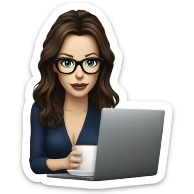 Hyper Realistic Kate Beckinsale dark blue eyes wearing glasses drinking coffee at a laptop  sticker