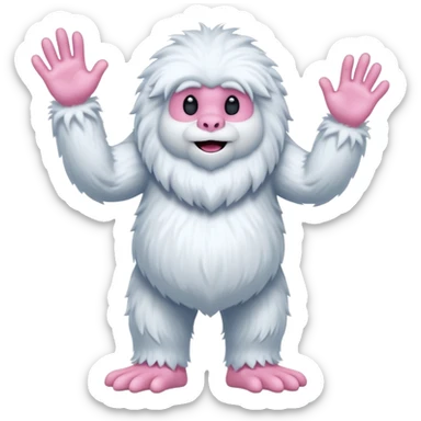 A fluffy, white creature resembling a yeti stands upright, featuring a round body and long, shaggy arms. Its face is smooth with a simple, flat mouth and no visible eyes. The hands and feet are pink with claw-like digits, and the creature has a whimsical, cartoonish appearance sticker