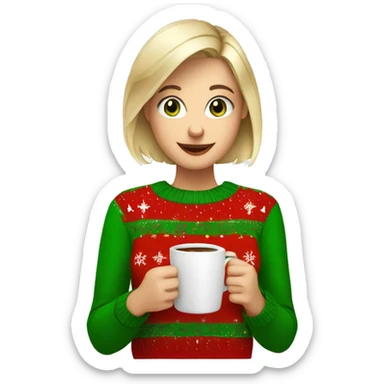 Short haired blonde girl with green eyes drinking coffee wearing Christmas sweater sticker