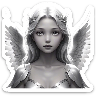 Cinematic Angel, Ultra realistic 32k HD, Breathtaking piece of art, rim lighting, hauntingly beautiful art, mostly greyscale, Balanced features, highly detailed digital artwork, glowing with silver light, glowing, high shine, deviant adoptable, highly detailed clothing, remembrance, a painting of white silver, fanciful, enchanting, ghostly, embodying the essence of both reality and fantasy, dreamy, dreamy glow, optical illusion, immaculate composition, complex pose, air composition. The image is so lifelike that it feels as though it could leap off the canvas at any moment sticker