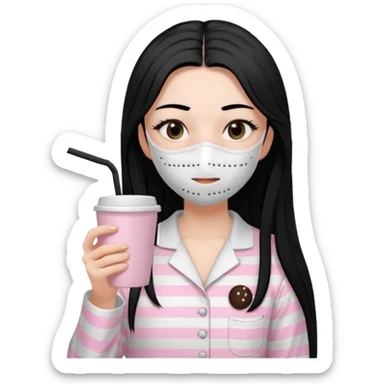 chica de pelo lacio color negro cabellera larga piyama blanca con rayas rosa claras peo no tan claras no oscuras el bordado es negro al igual que los botones )tiene una mascarilla para la carablanca y sostiene y cafe con bolitas nedras al dondo con unsorbete tranparente y es de test blanca  sticker