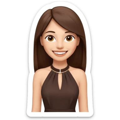 emoji-style illustration of a stylish pretty big smile woman with long straight brown hair, wearing a dark halter neck dress, elegant and minimalistic look, front-facing, soft 3D cartoon rendering, plain background sticker