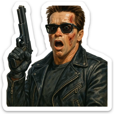 Terminator Arnold Schwarzenegger with sunglasses, surprised look, holding a gun up, realistic painted cartoon style sticker