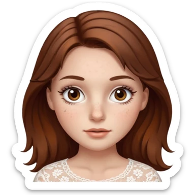 Girl with lace brown hair, white palid skin and brown eyes, with large lashes and freckles in face sticker