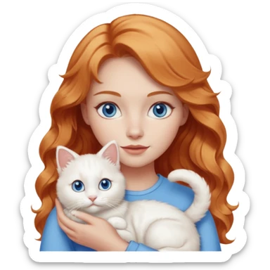Long wavy strawberry blonde blue eyes woman with a white cat with blue eyes realistic  sticker