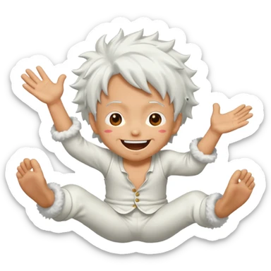 Create a joyful cartoon-style emoji of Luffy as a laughing character with wild, fluffy white hair and a glowing white outfit. The character should have a big open smile, one hand on its face in laughter, and be in a dynamic mid-air pose with bent legs, as if carefree and floating. sticker