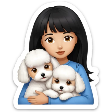 A beautiful girl with long black hair and bangs hugs a little Bichon Frise sticker