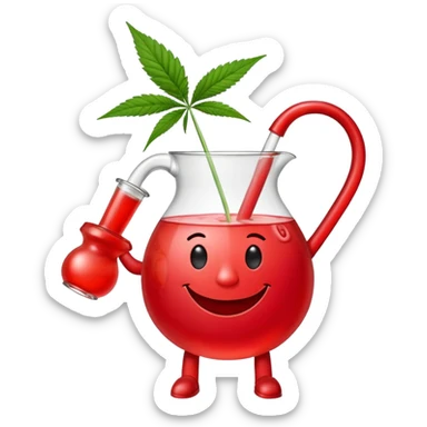 Kool-Aid Man pitcher character with legs and arms holding a bong with a cannabis leaf sticker