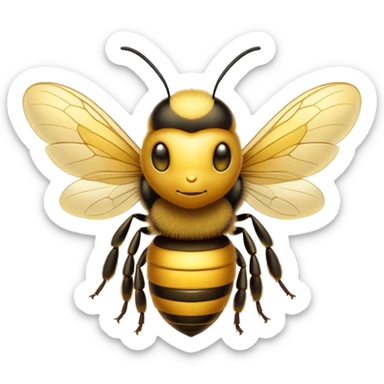 Cinematic Noble Bee Portrait Emoji, Poised and industrious, with a compact, fuzzy body in golden-yellow hues, delicate translucent wings, and a focused, determined expression with sparkling eyes, Simplified yet sharp and sophisticated features, highly detailed, glowing with a soft, sunny radiance, high shine, intelligent and diligent, stylized with an air of natural elegance, focused and alert, soft glowing outline, capturing the essence of a watchful bee that appears ready to buzz out of the screen with effortless authority! sticker