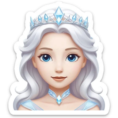 Cinematic Radiant Snow Queen Portrait Emoji, rendered in a realistic, vector style with clean proportions. Show Elsa with a gentle, confident smile, icy pale skin, and luxuriously styled platinum hair, her expression calm and regal. The image glows with a soft, enchanting icy luminescence, high shine, and is accented by a soft glowing outline that enhances her ethereal beauty. sticker