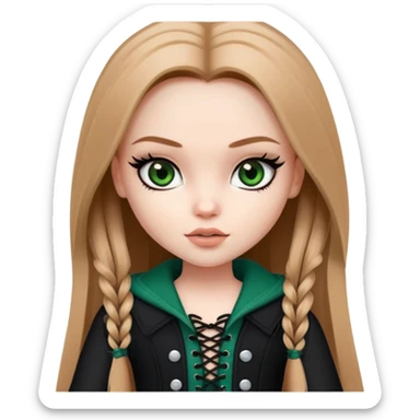 pretty bratz girl, long straight LIGHT BROWN HAIR, dark green eyes, black eyeliner, pale skin, black girly clothes with laces sticker