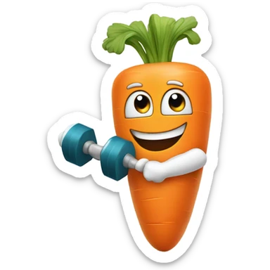 Generate an energetic carrot emoji wearing a sweatband, lifting tiny dumbbells, and looking motivated. sticker