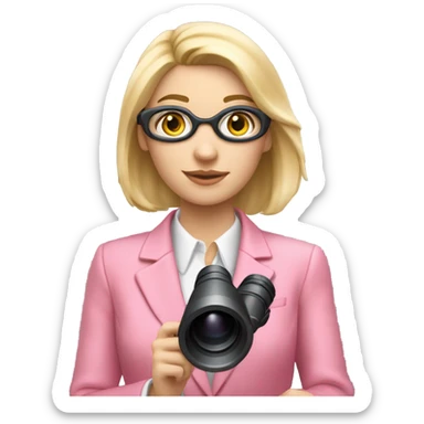 white female employee with pretty face and loose blonde hair wearing intensive color all pink suit looking in binoculars. Upper-body only. Looking straight in front of camara sticker