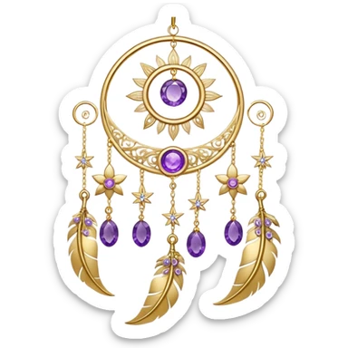 Epic beautiful gorgeous cute gold suncatcher, threads with shiny sparkly amethyst gemstones, flowers, crescents-moons, stars, gold Feathers  sticker