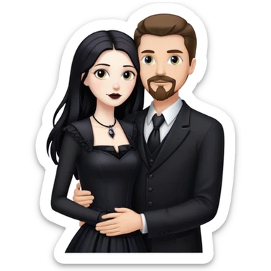 tall white man with brown hair goatee mustache hugging a goth woman with long black hair, wearing formal clothing sticker