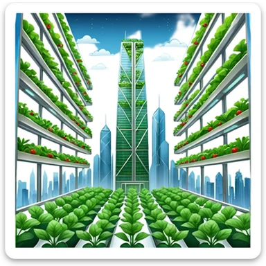 Vertical farm inside a towering skyscraper, with various crops growing in a hydroponic system under LED lights, viewed through a large window overlooking a futuristic city. sticker