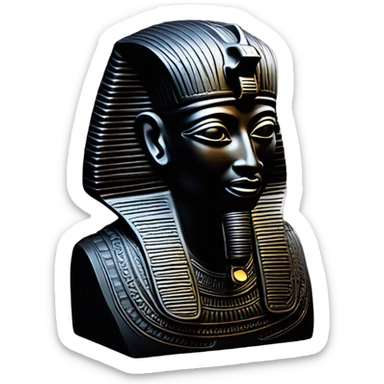 Osiris obsidian statue on granite 30 ton , massive size, sunlight behind, sunset colors, reflections on black stone polished clean perfect, photography angles sticker