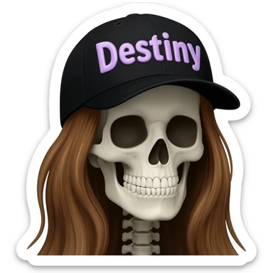 Create a skeleton head wearing a black baseball cap that says "Destiny" in lavender lettering, with long brown hair sticker