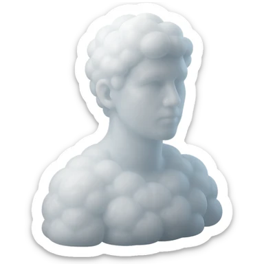 person looking straight, composed entirely of white fluffy convex clouds, shoulder up, matte glass style sticker