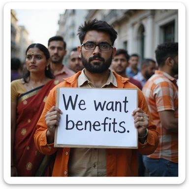group of indian modern customers holding a board written "We want benefits"with a serious face sticker
