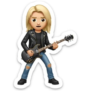 3D Apple-style emoji of a metal musician. Long hair, black leather jacket, ripped jeans, holding an electric guitar. Intense expression, glossy, rounded, smooth, soft shadows, white background.










 sticker